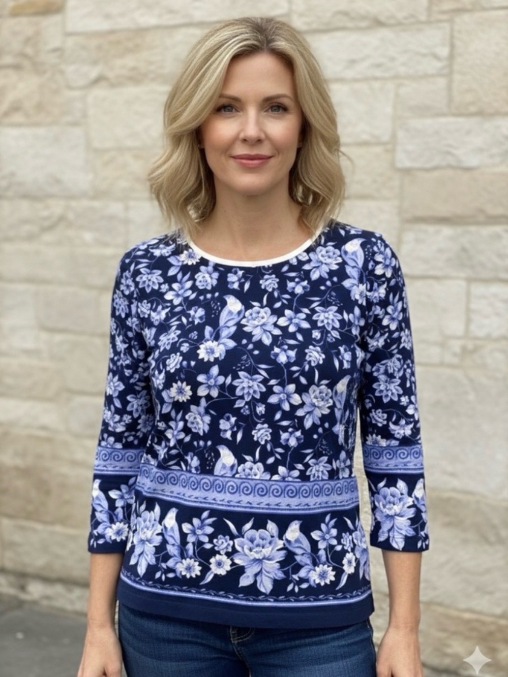 Talbots Floral Top XS Navy Blue White Bird Pattern Cotton Rayon Knit Blouse